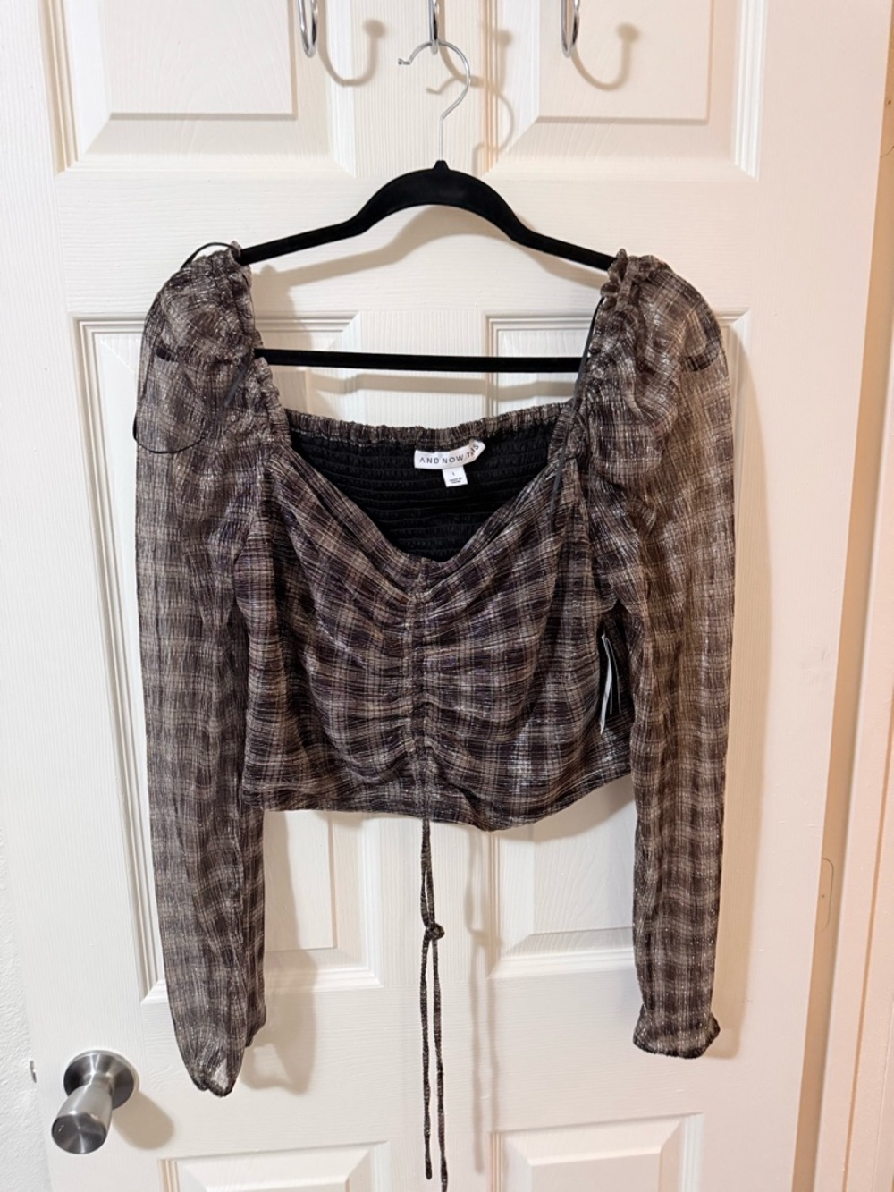 Sparkly Brown Plaid Shirred Long-Sleeve Crop Blouse